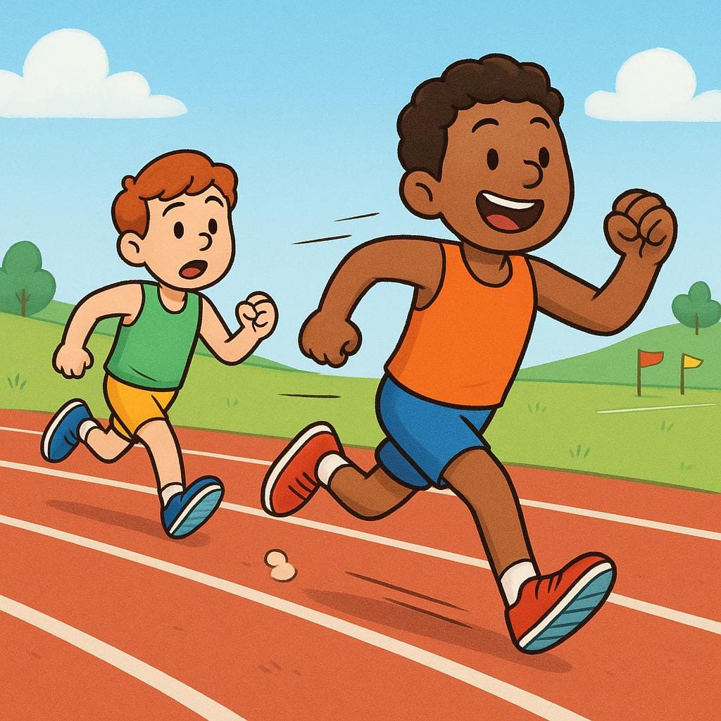 A storybook illustration of two runners in a footrace. One runner is significantly ahead of the other runner on a track, illustrating a clear advantage.