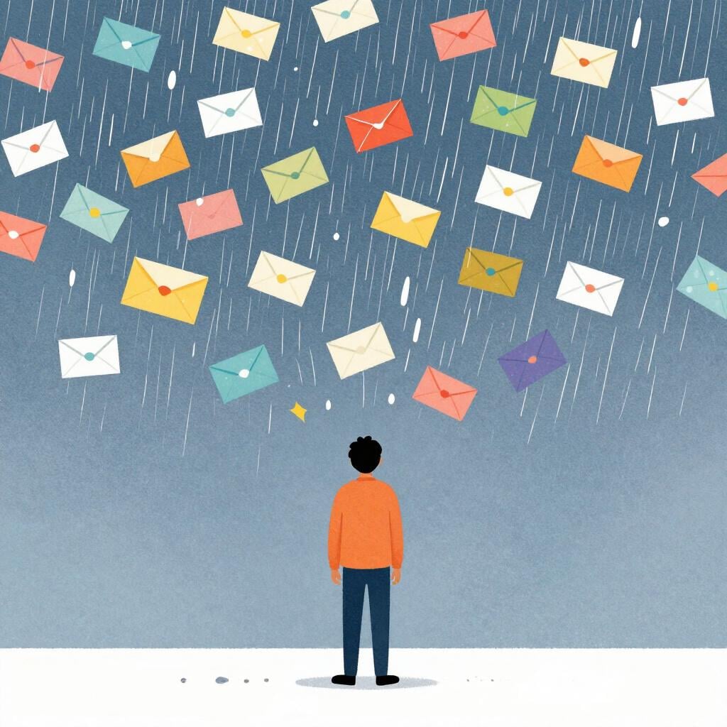 Une personne se tient debout tandis que de nombreuses enveloppes colorées et bulles de dialogue pleuvent autour d'elle.