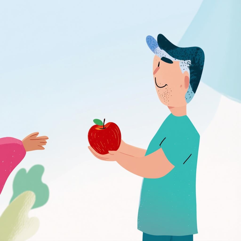 A friendly person handing a bright red apple to a smiling friend.