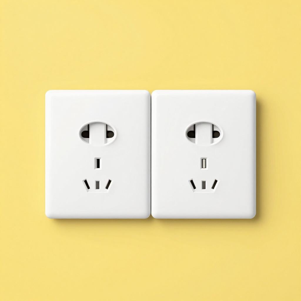 Eine Nahaufnahme von zwei weißen elektrischen Wandsteckdosen, die nebeneinander an einer leuchtend farbigen Wand montiert sind.