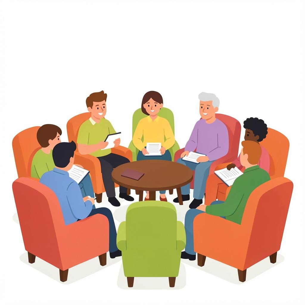 A small group of people sitting in a circle of chairs, one person holding a clipboard and listening intently.