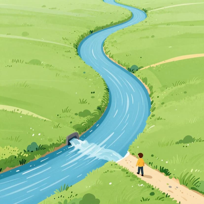 A river flowing through a green landscape where a new channel has been dug to change its path.