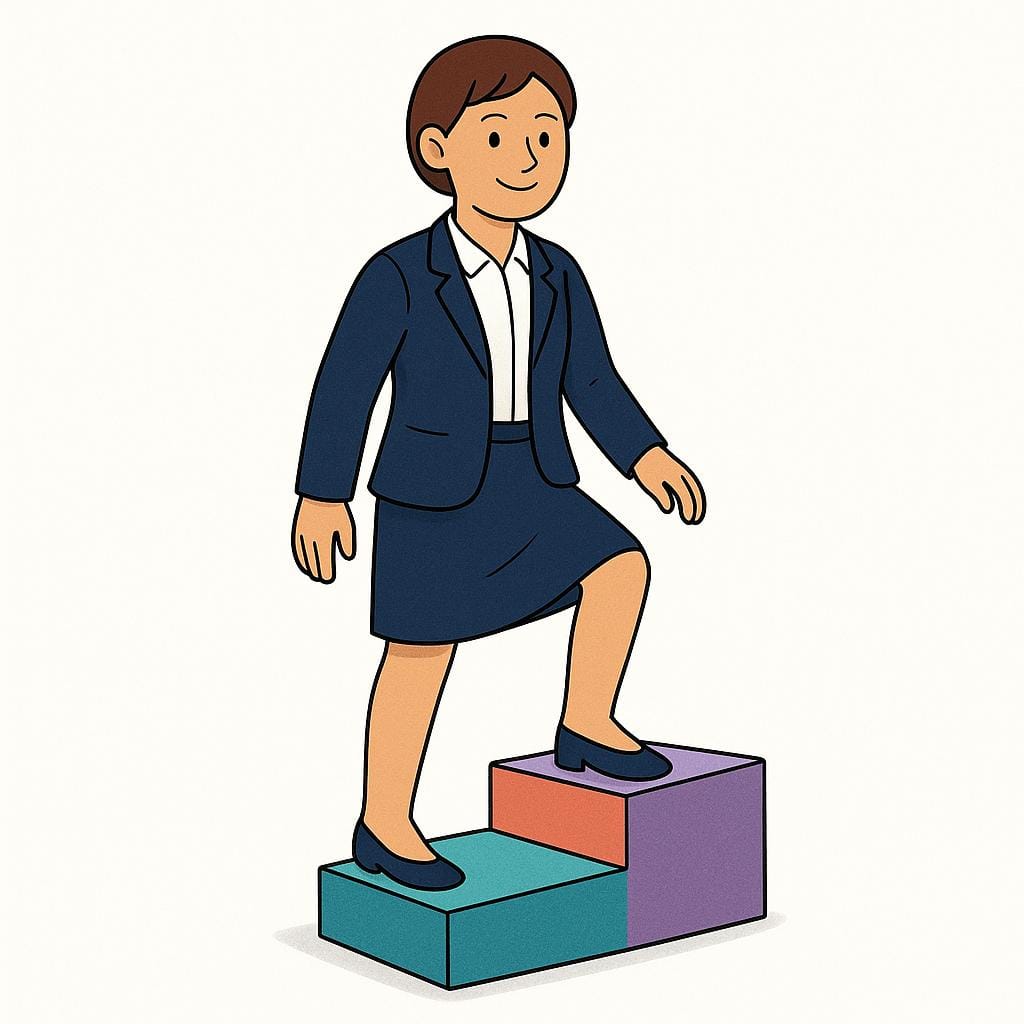 A person in professional clothes smiling while stepping up onto a small, elevated platform, symbolizing a promotion.