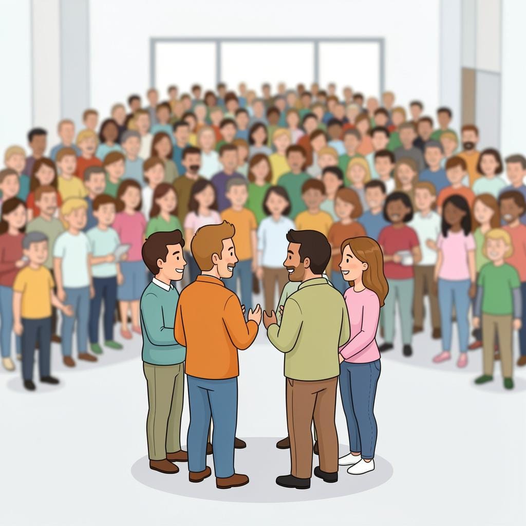 Um pequeno grupo de quatro pessoas em pé juntas em círculo, distinto de uma multidão maior ao fundo.