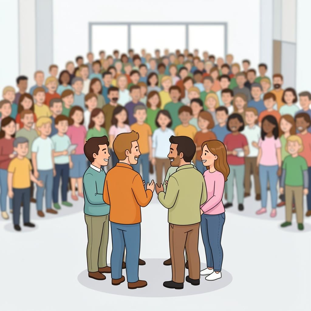 A small group of four people standing together in a circle, distinct from a larger crowd in the background.