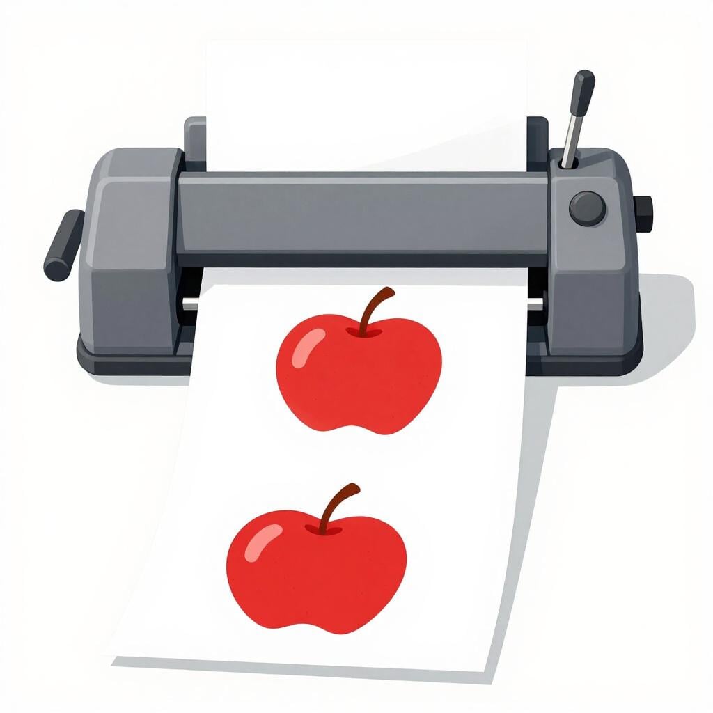 A sheet of paper with a drawing of a red apple being duplicated by a machine onto another sheet of paper.