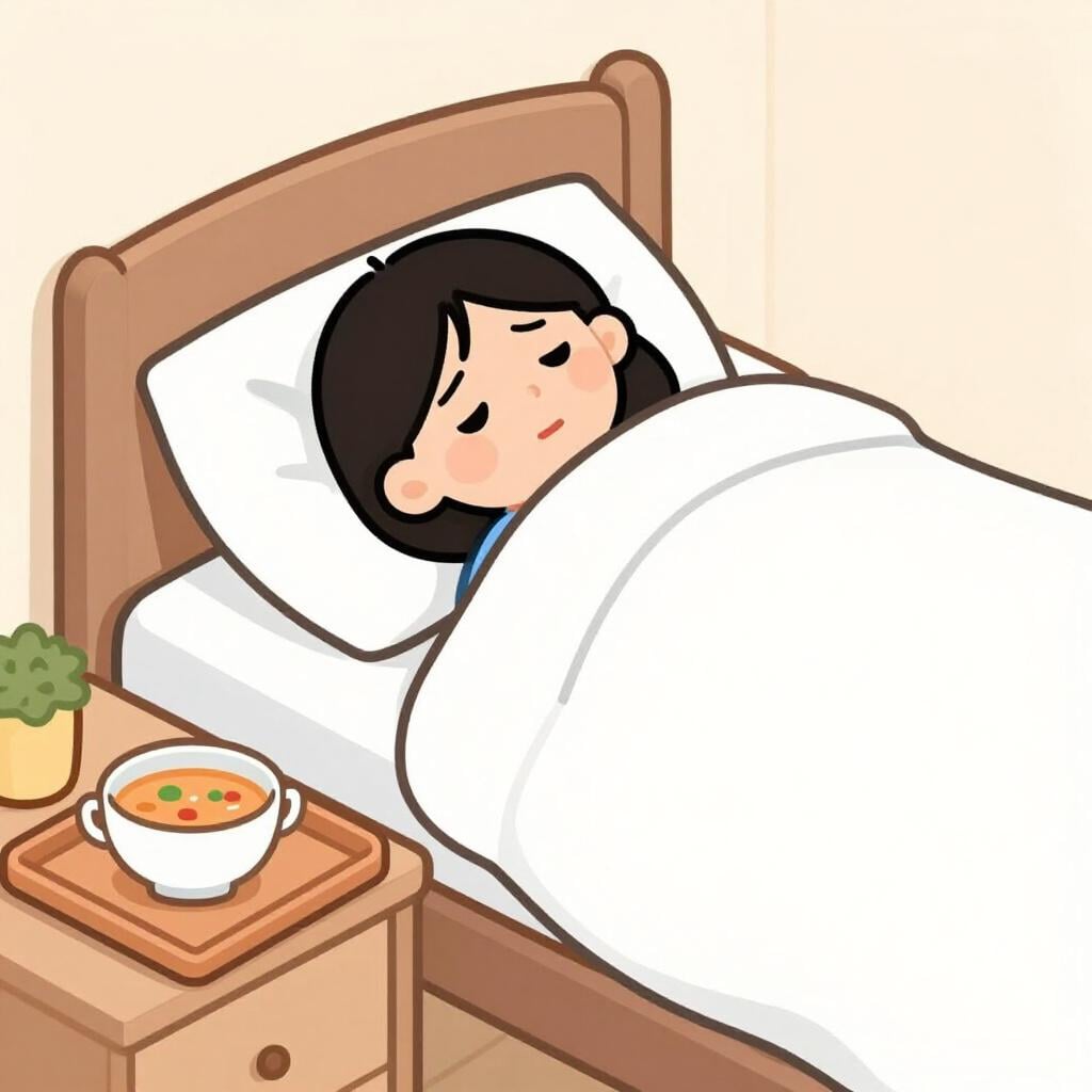 Une personne triste au lit avec un thermomètre et un bol de soupe, qui n'a pas l'air d'aller mieux.