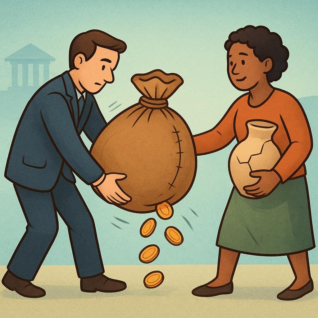 Une illustration de livre d'histoires montrant une personne en costume formel remettant un lourd sac de pièces d'or à une autre personne qui semble contrariée, illustrant des dommages légaux ou une compensation pour une perte.