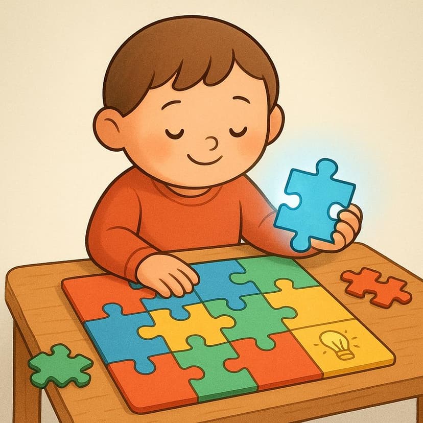 A small, friendly cartoon character successfully placing the final, brightly colored piece into a jigsaw puzzle, completing the entire image. The character has a satisfied expression of realization.