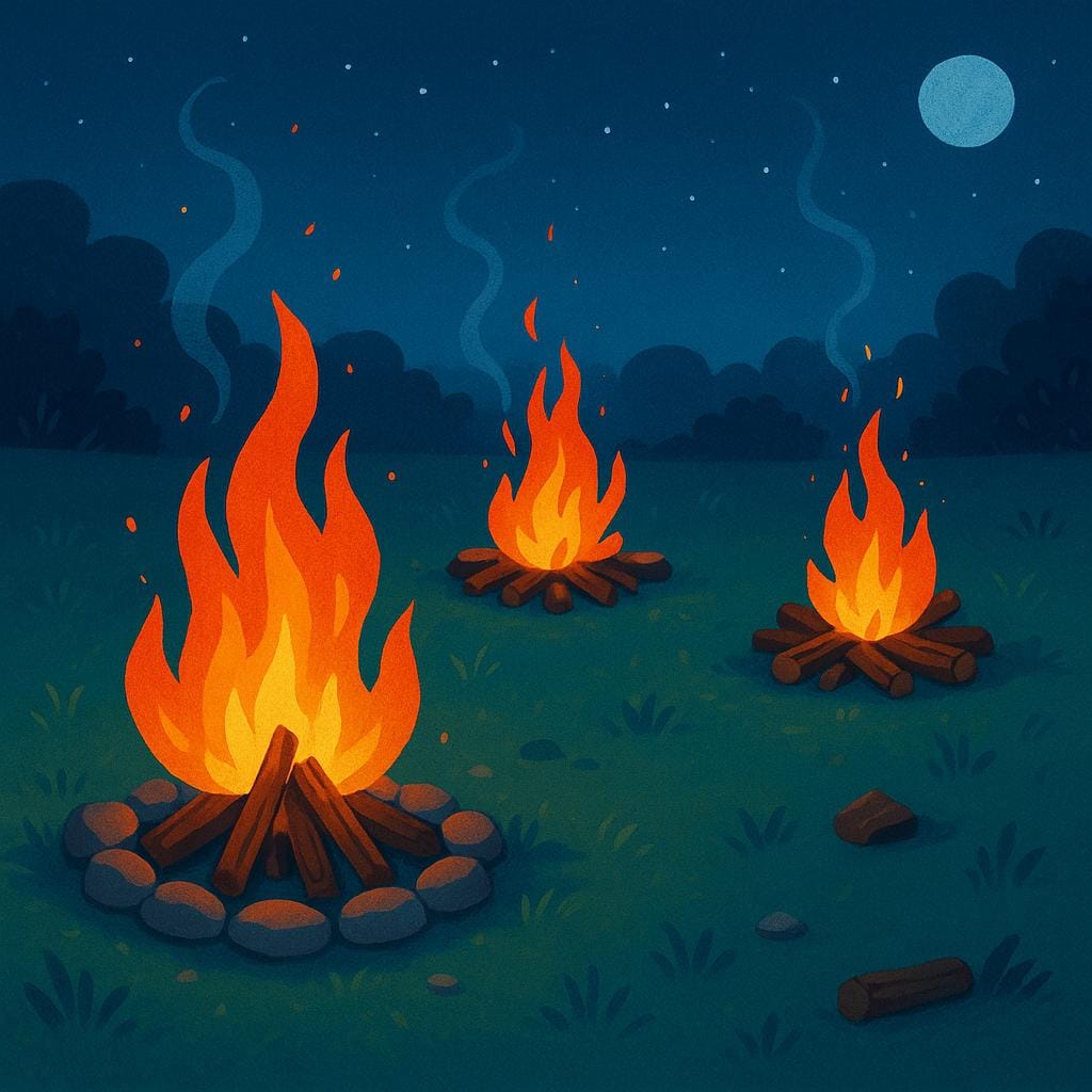 Three distinct, brightly burning orange and yellow bonfires set on the ground.