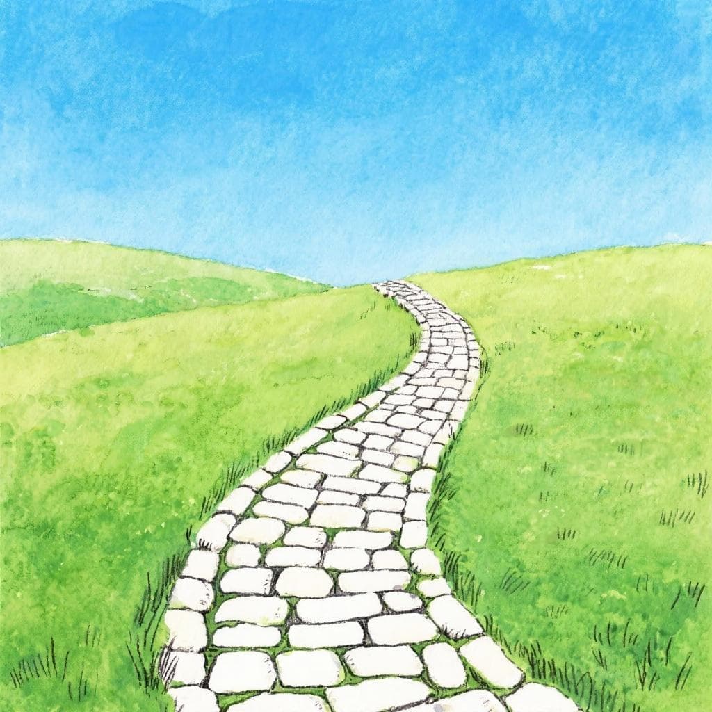 A clear path leading through a colorful, abstract landscape