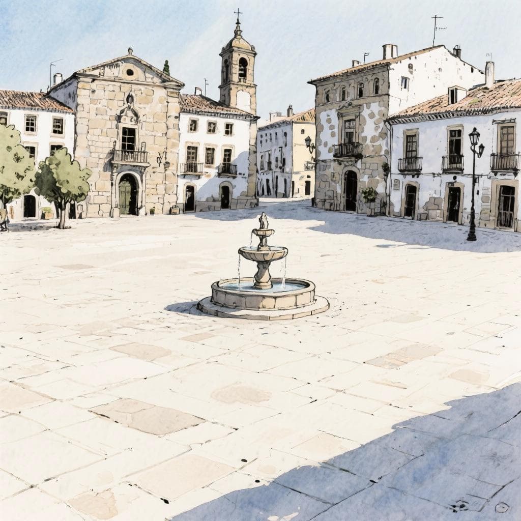A quiet Spanish plaza with old architecture and a fountain