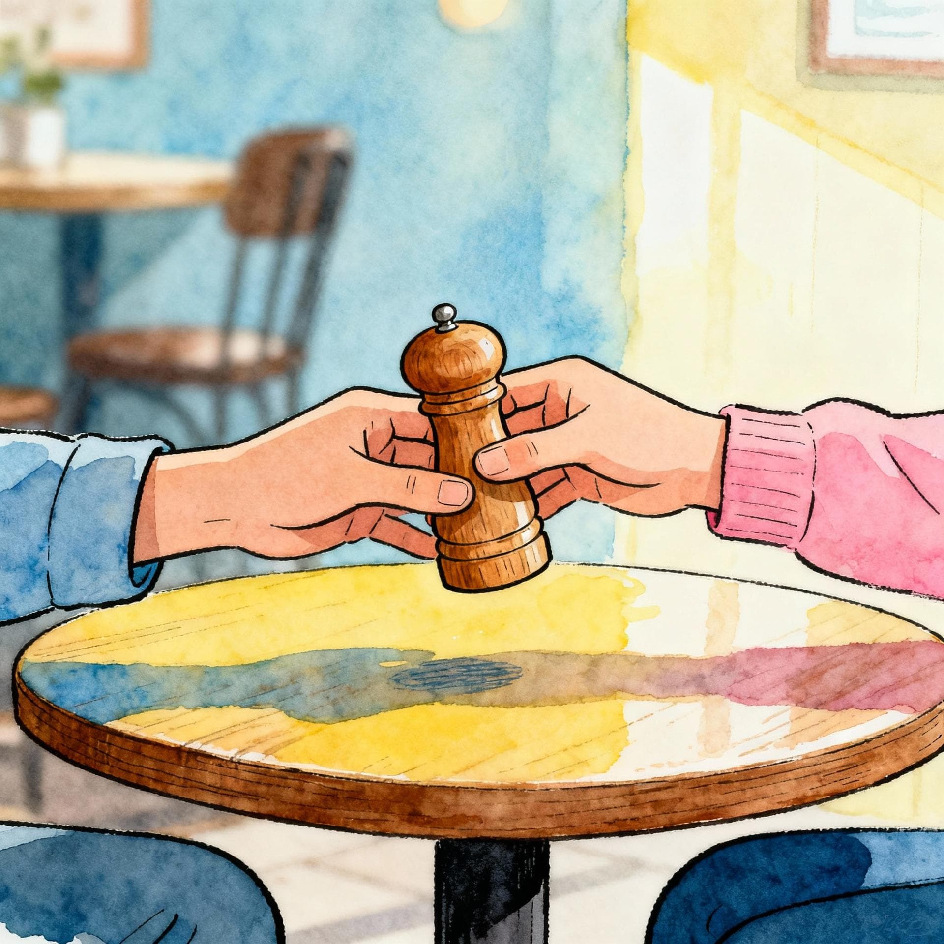 Two people interacting casually at a table, suggesting conversation and requests