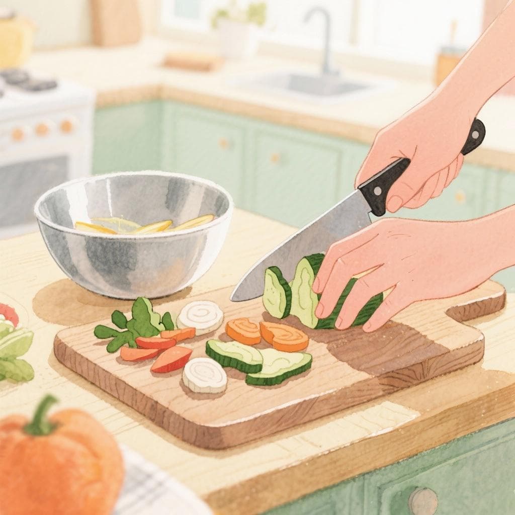 Hands preparing food in a bright kitchen