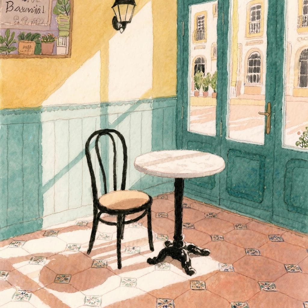 A quiet Spanish café with an empty seat