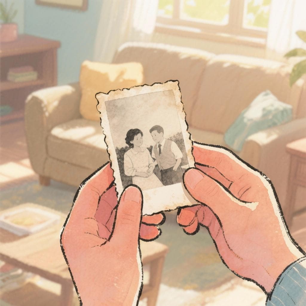 A child looking at old photographs on a sunny afternoon