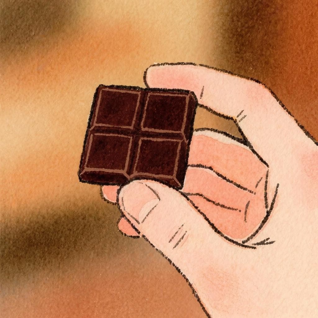 A person happily enjoying a delicious piece of chocolate