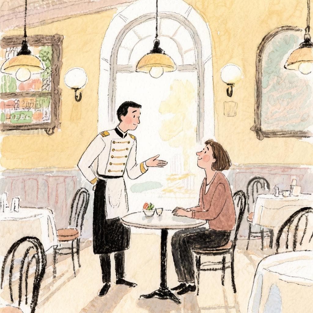 Server politely addressing a customer in a cafe