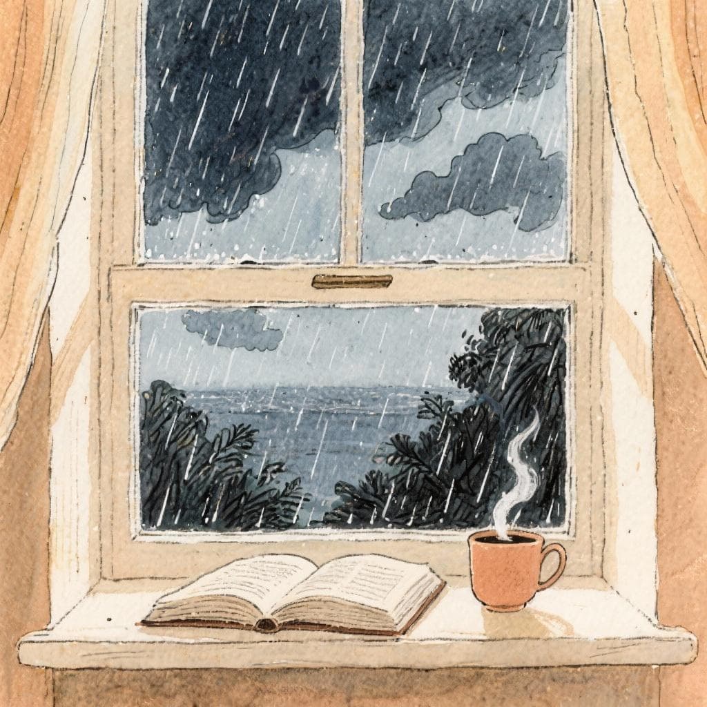 Cozy scene with rain outside and a person reading indoors