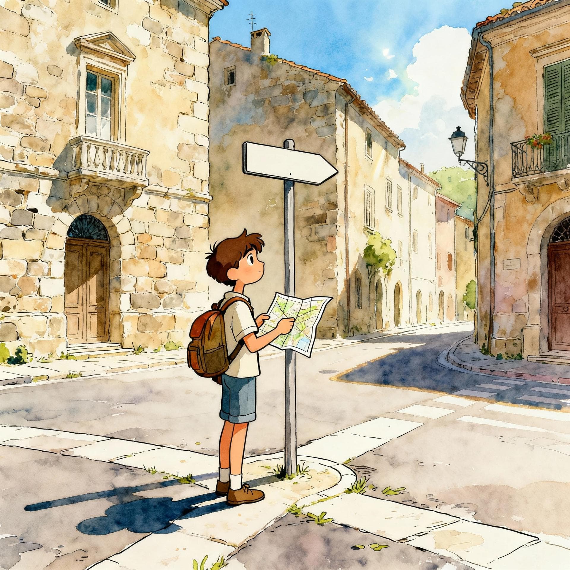 A person looking at a map or directions in a bustling European city square