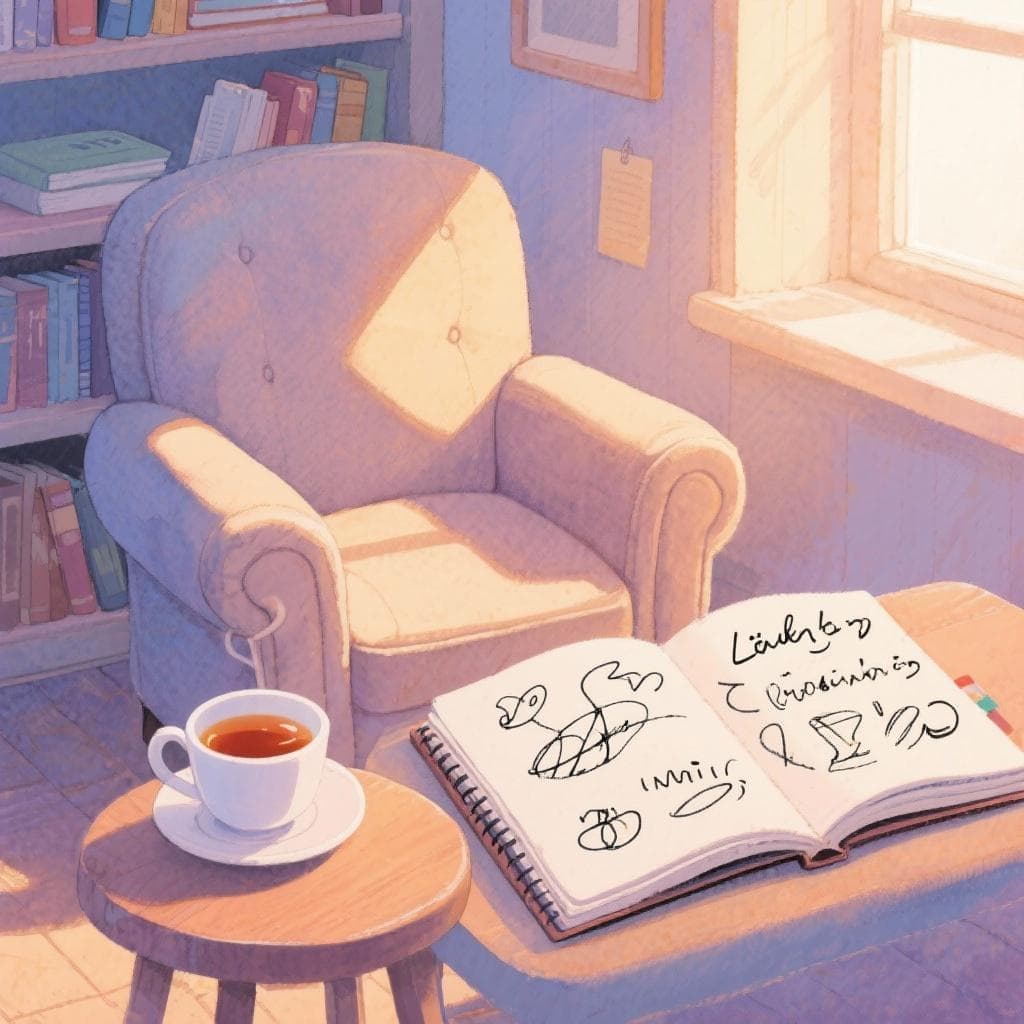 Cozy study scene with an open notebook and a cup of tea