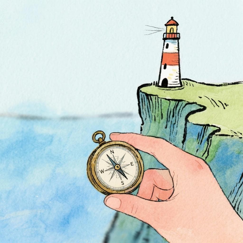 A compass pointing toward a lighthouse