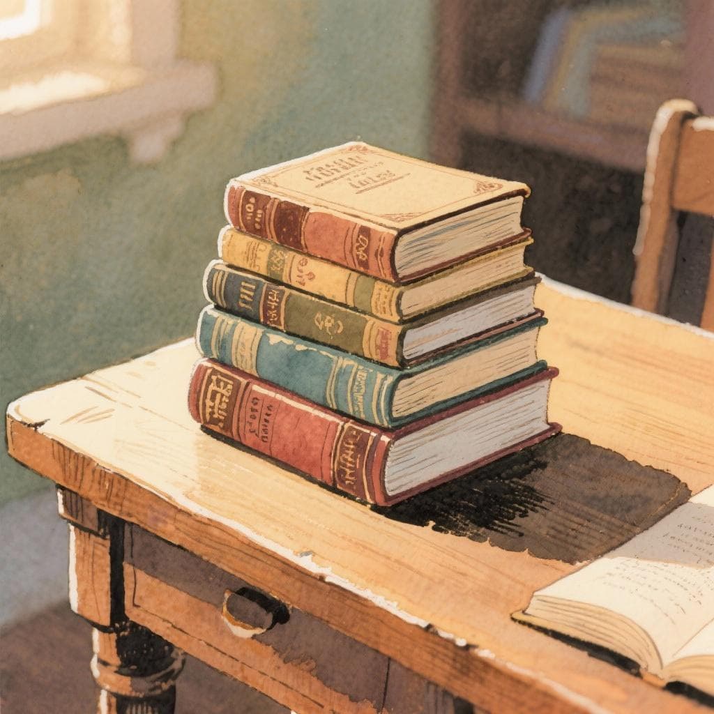 Stack of old, well-read books on a desk