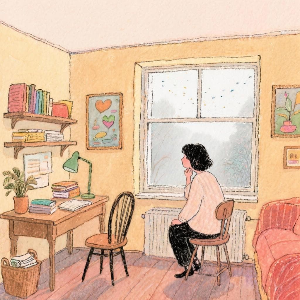 A person looking out a window towards a distant, imaginative landscape.