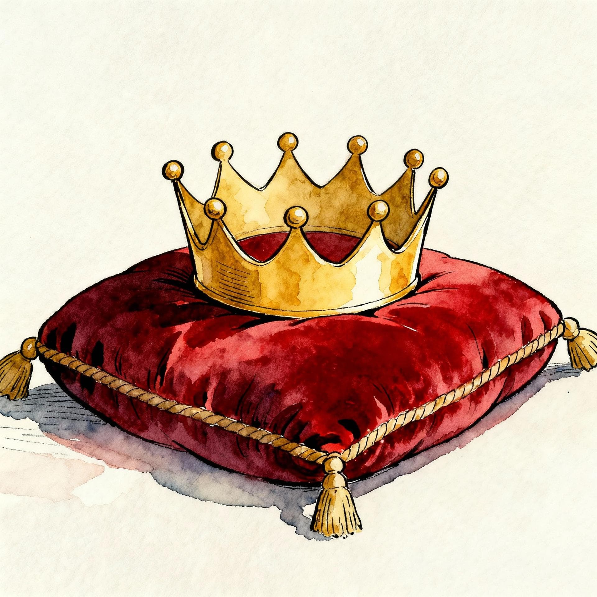 A simple, stylized golden crown resting on a deep red velvet cushion.
