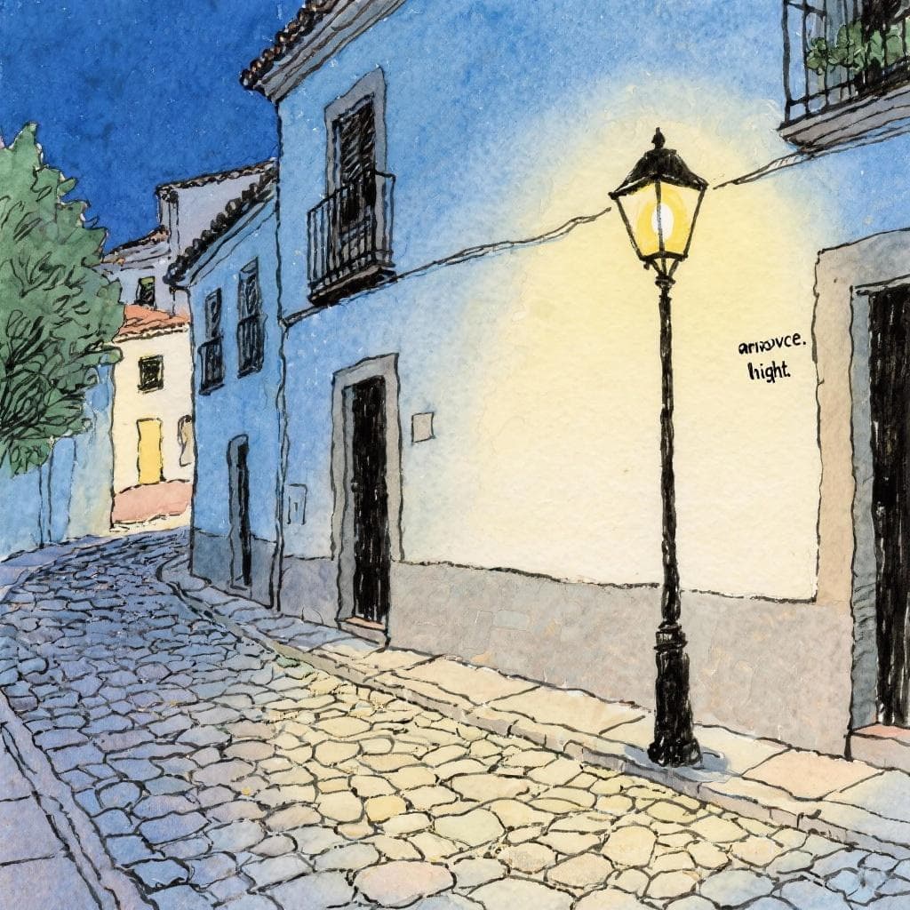 A scenic view of a Spanish street at dusk