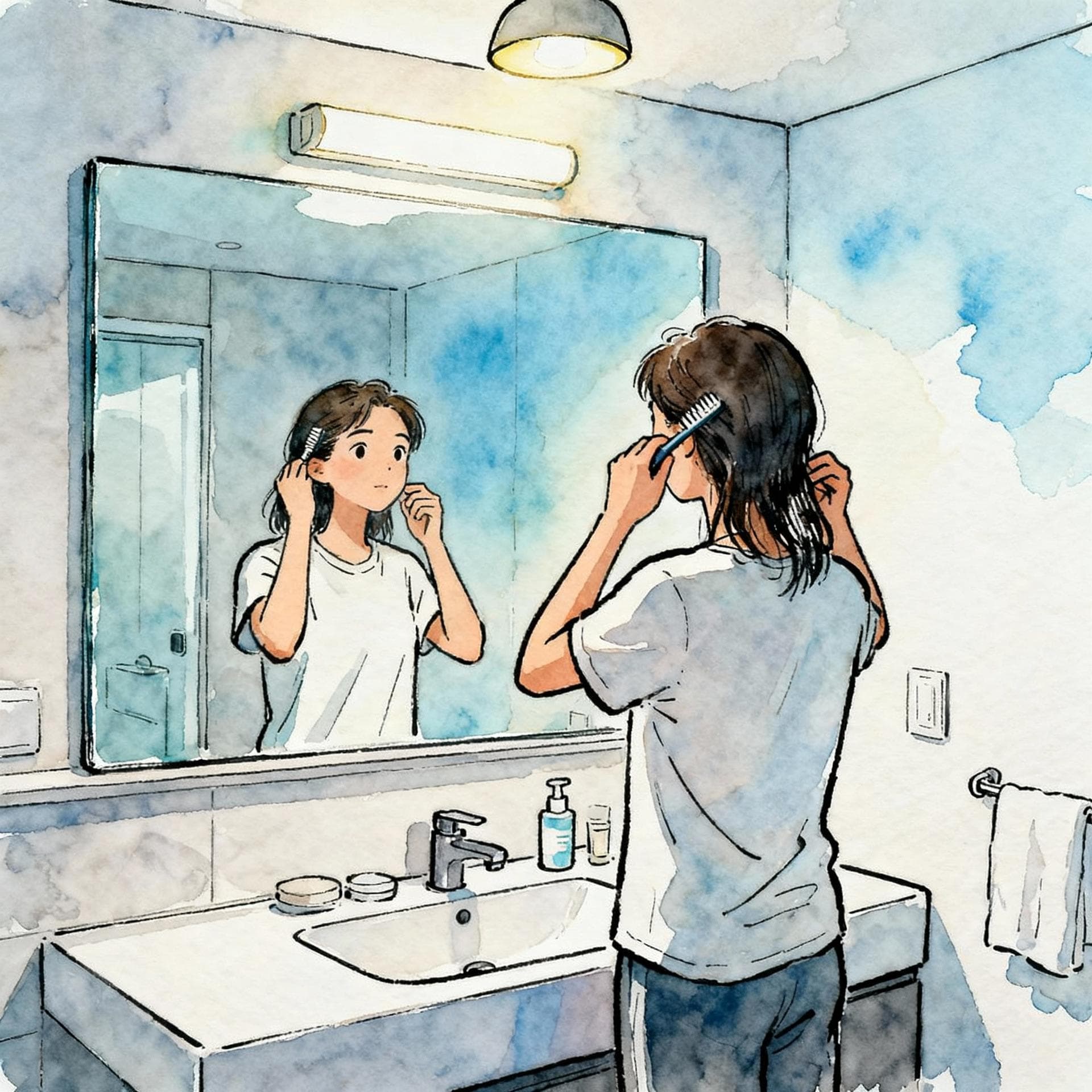 A close-up of a person looking into a bathroom mirror