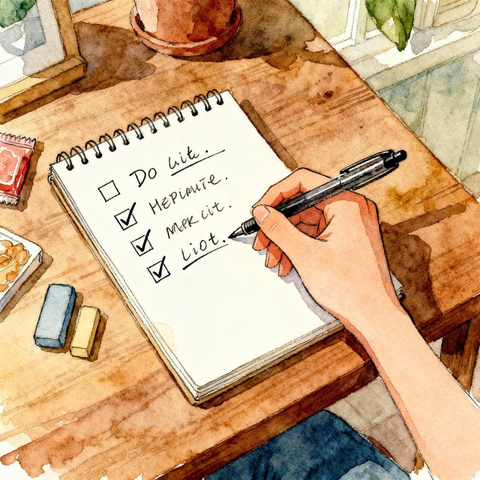 A hand writing a simple to-do list on a piece of paper, with checkmarks next to completed tasks