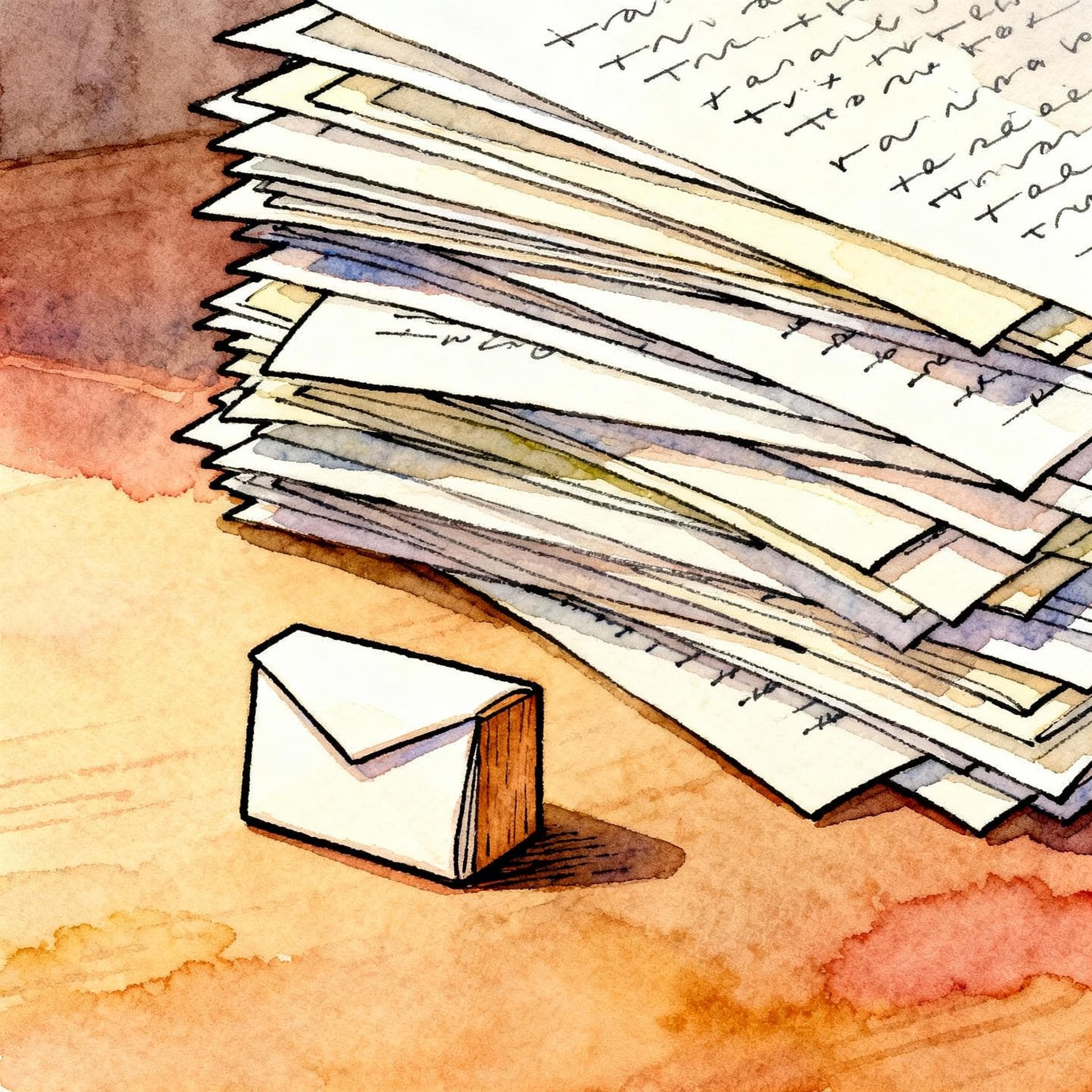 A small, neat wooden block next to a large pile of scattered papers