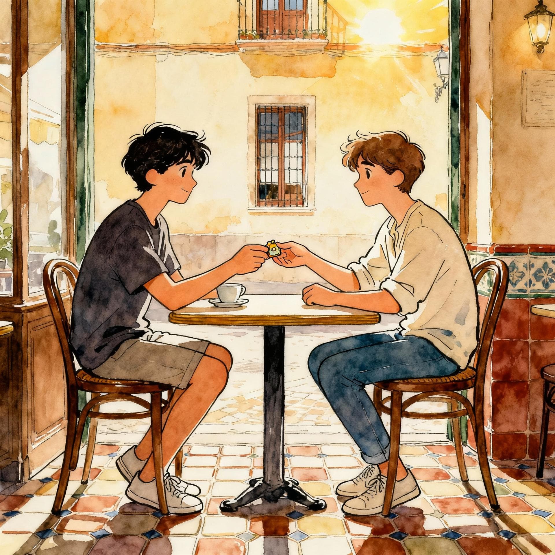 Two people talking and sharing coffee at a Spanish café