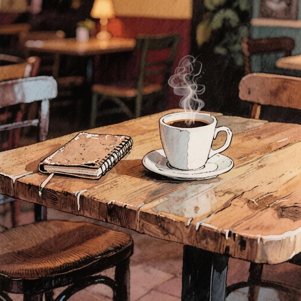 A quiet moment in a Spanish café with a cup of coffee and a notebook.