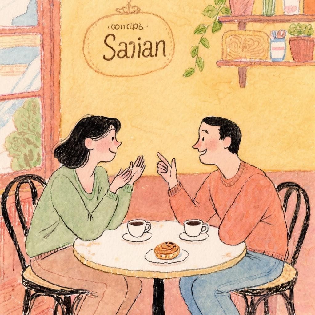 Two friends chatting intensely at a Spanish café