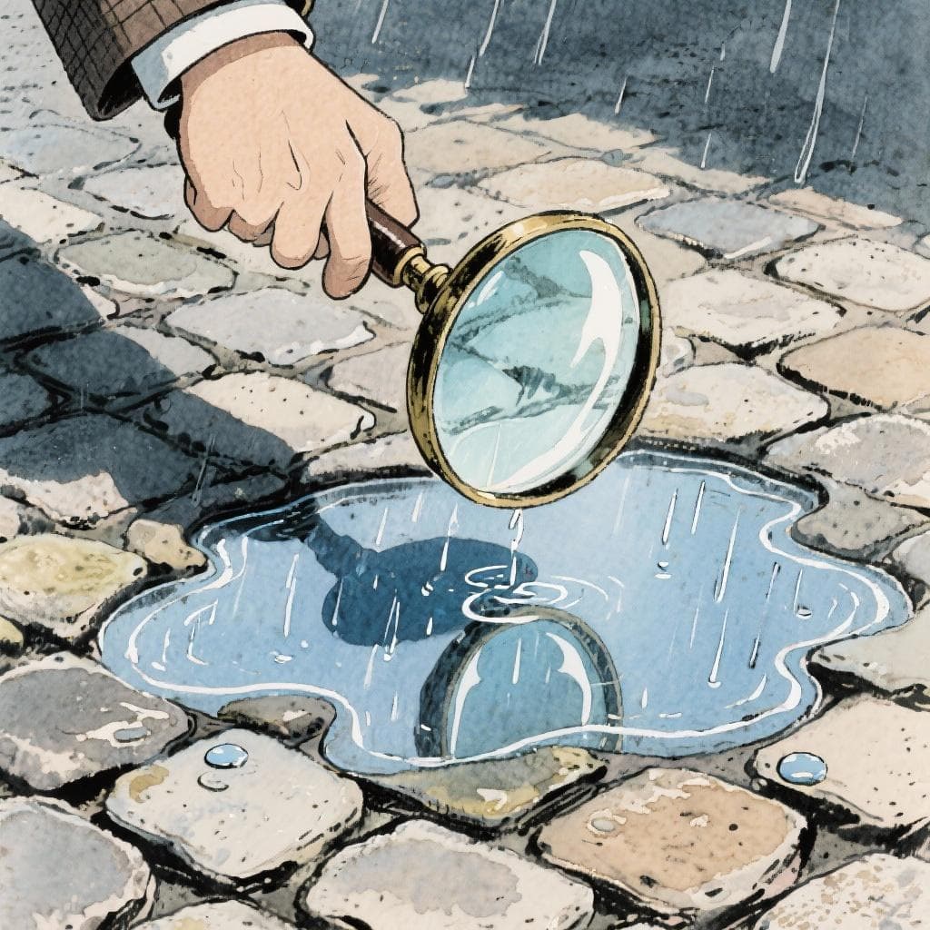Magnifying glass examining wet ground