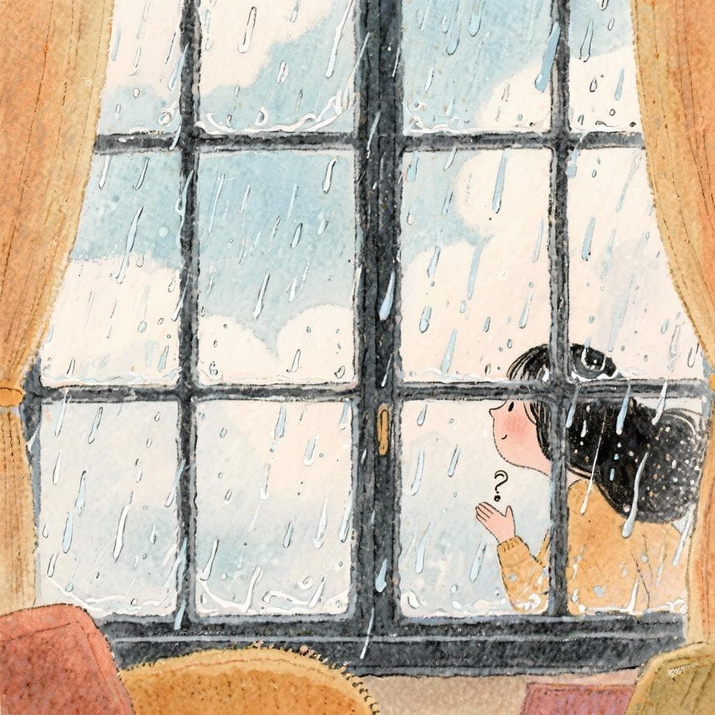 A cozy scene showing a person looking out a window at a cloudy sky