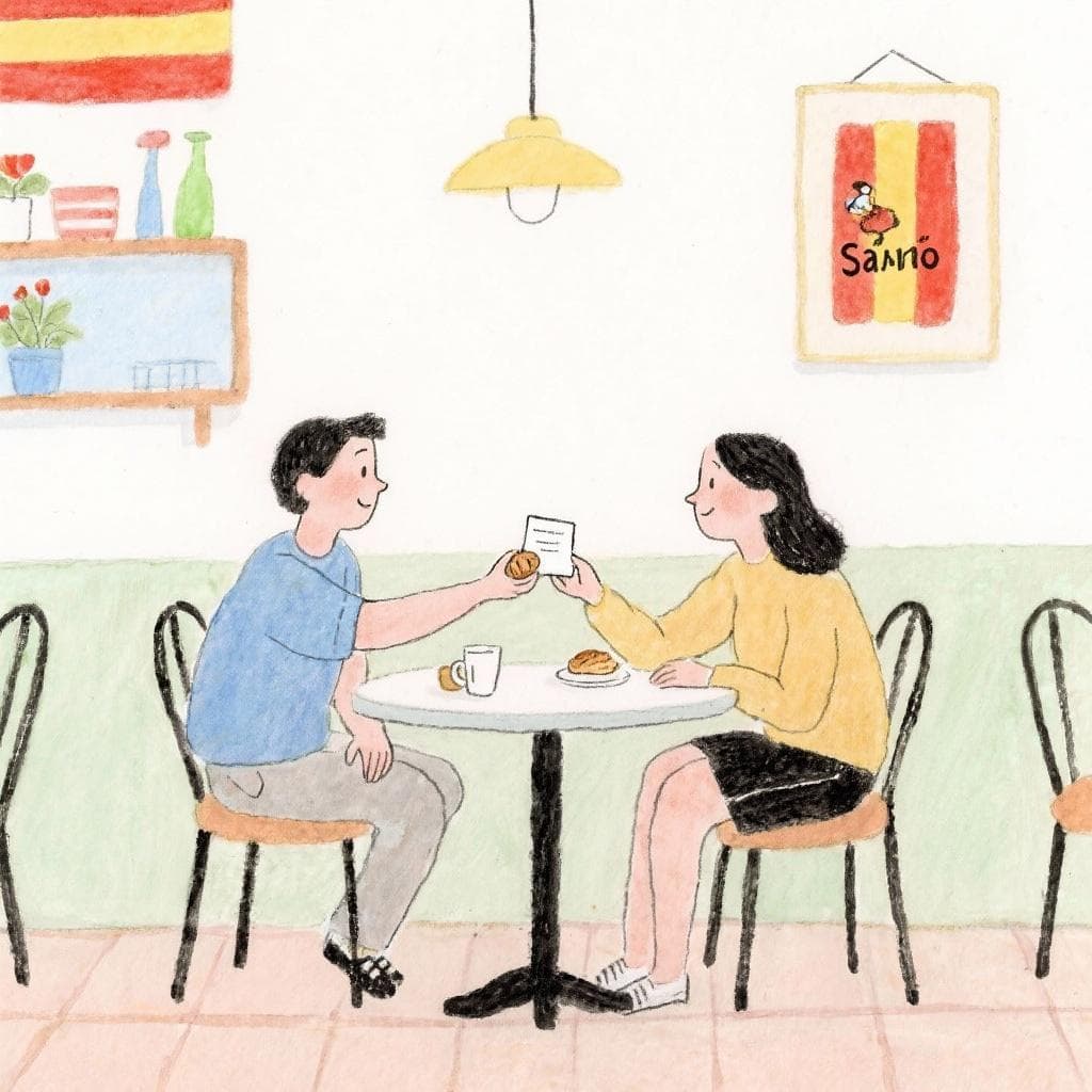 Two people smoothly exchanging an item in a quiet cafe