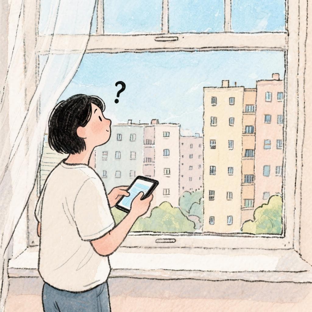 Person looking out a window contemplating a search