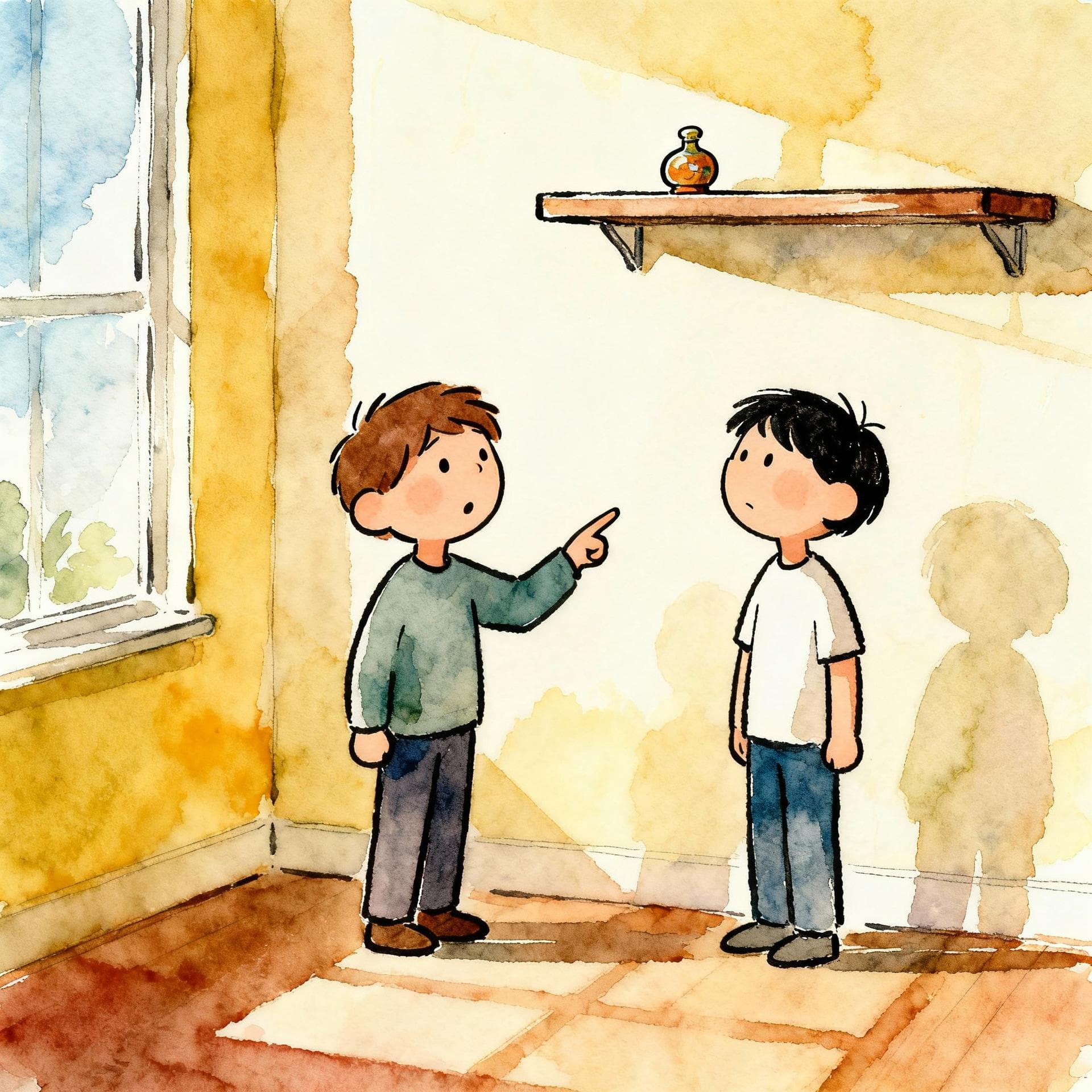 A person pointing vaguely toward an object on a distant shelf