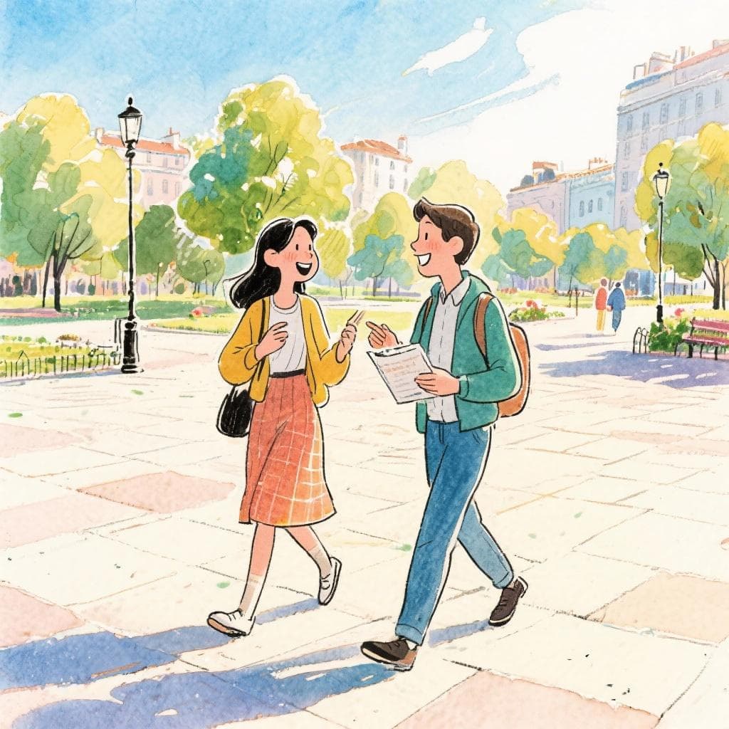 Two friends chatting and walking in a sunny park