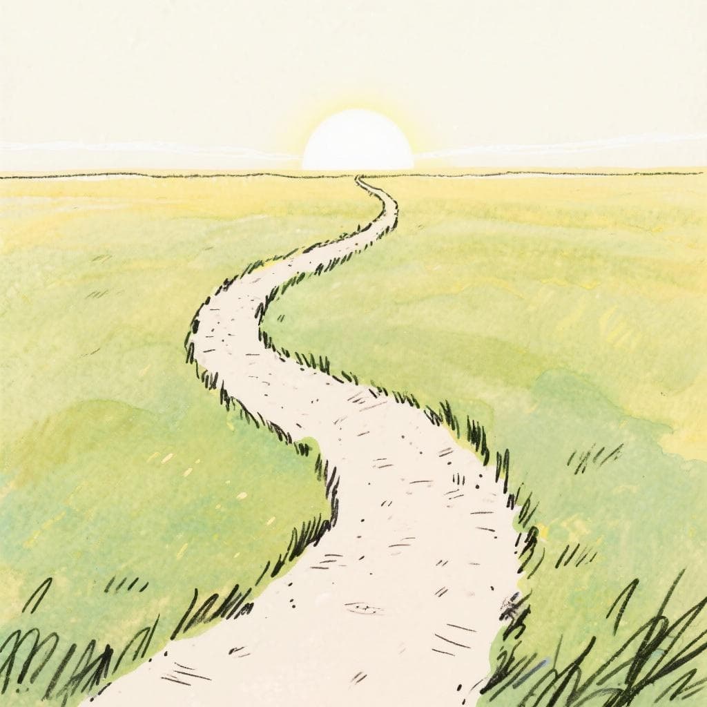 A winding path leading towards a bright horizon