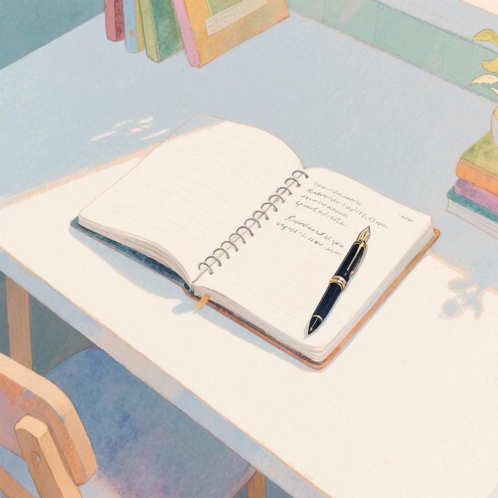 A desk with an open notebook and fountain pen