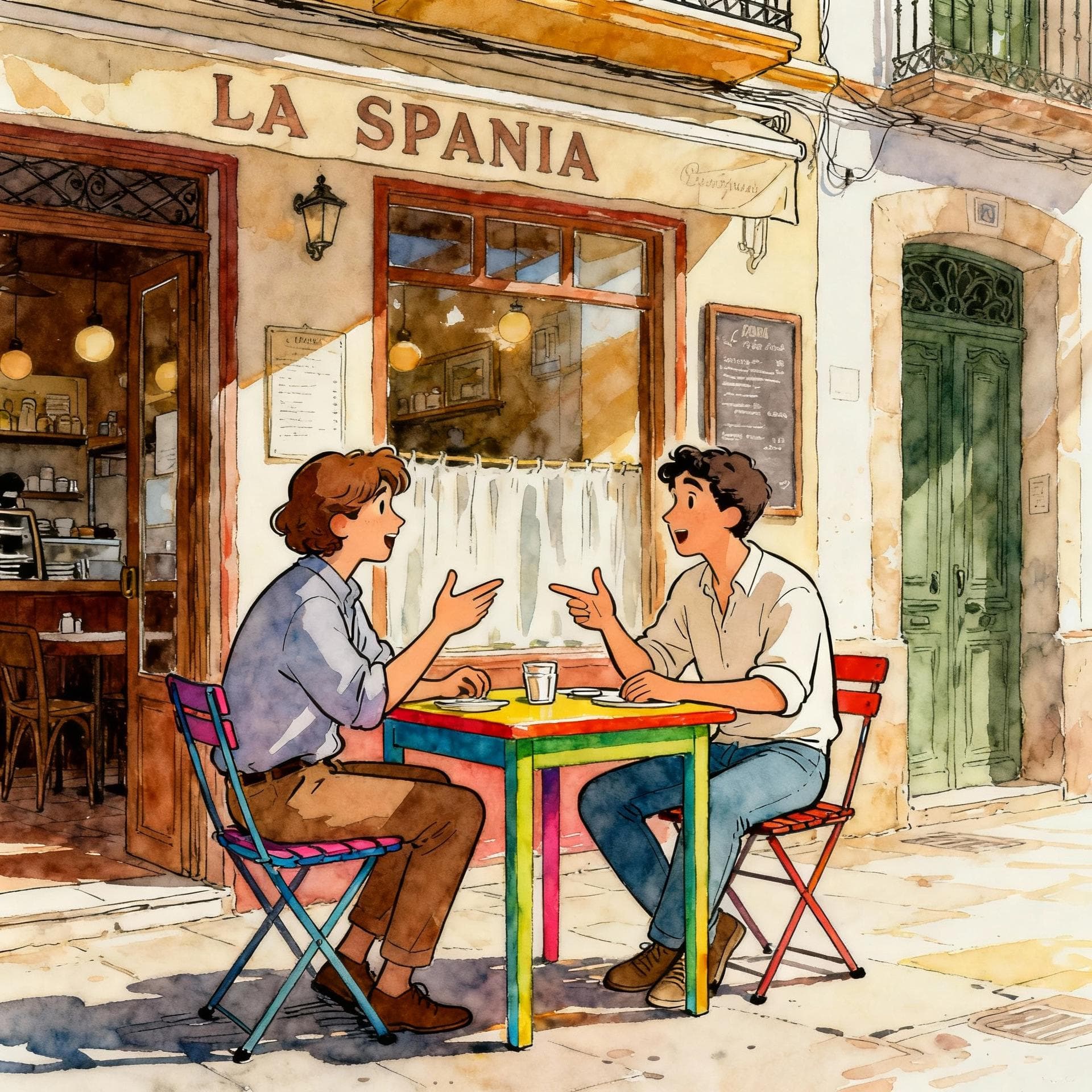 Two friends chatting animatedly at an outdoor Spanish cafe table