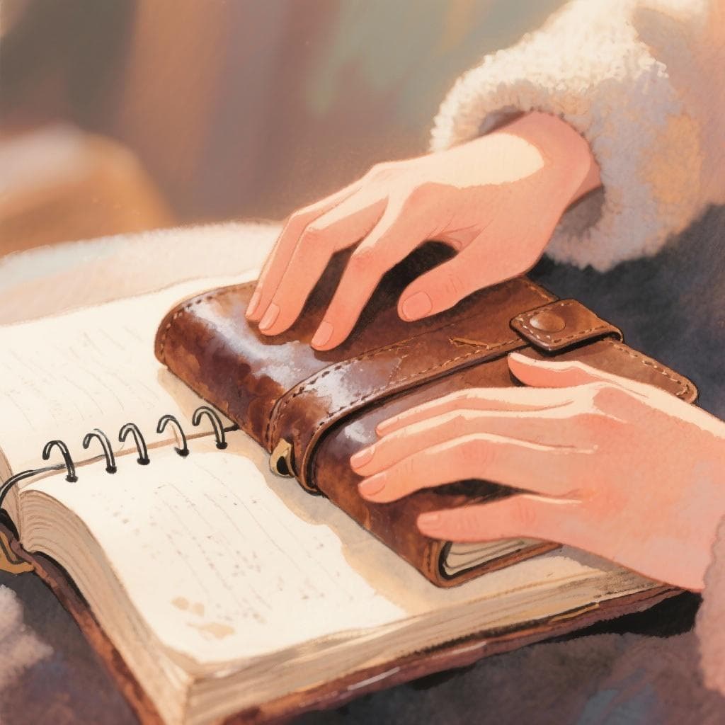 A person sitting at a desk, writing in a journal by the light of a lamp.