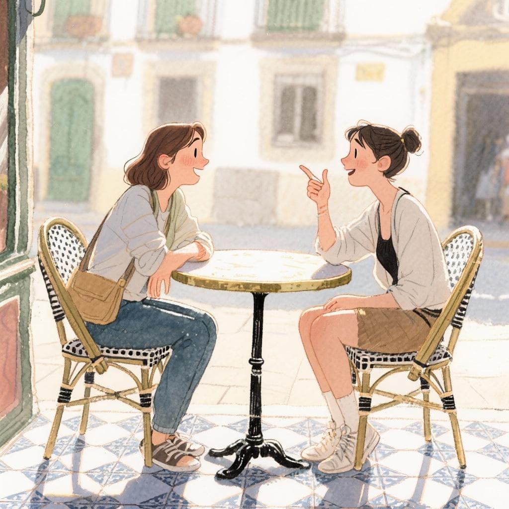 Two friends discussing ideas at a Spanish café