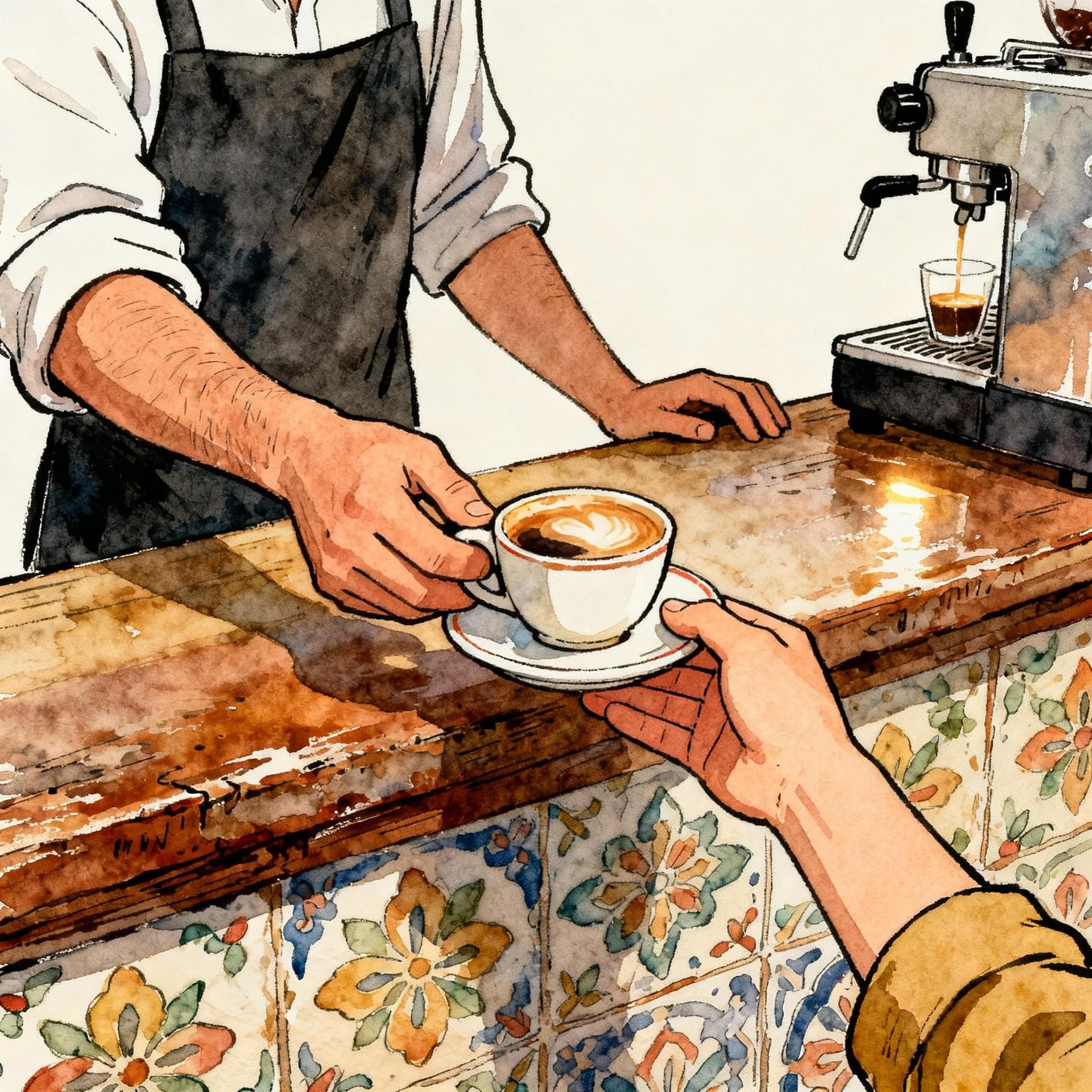 A person happily receiving a cup of coffee at a Spanish café counter