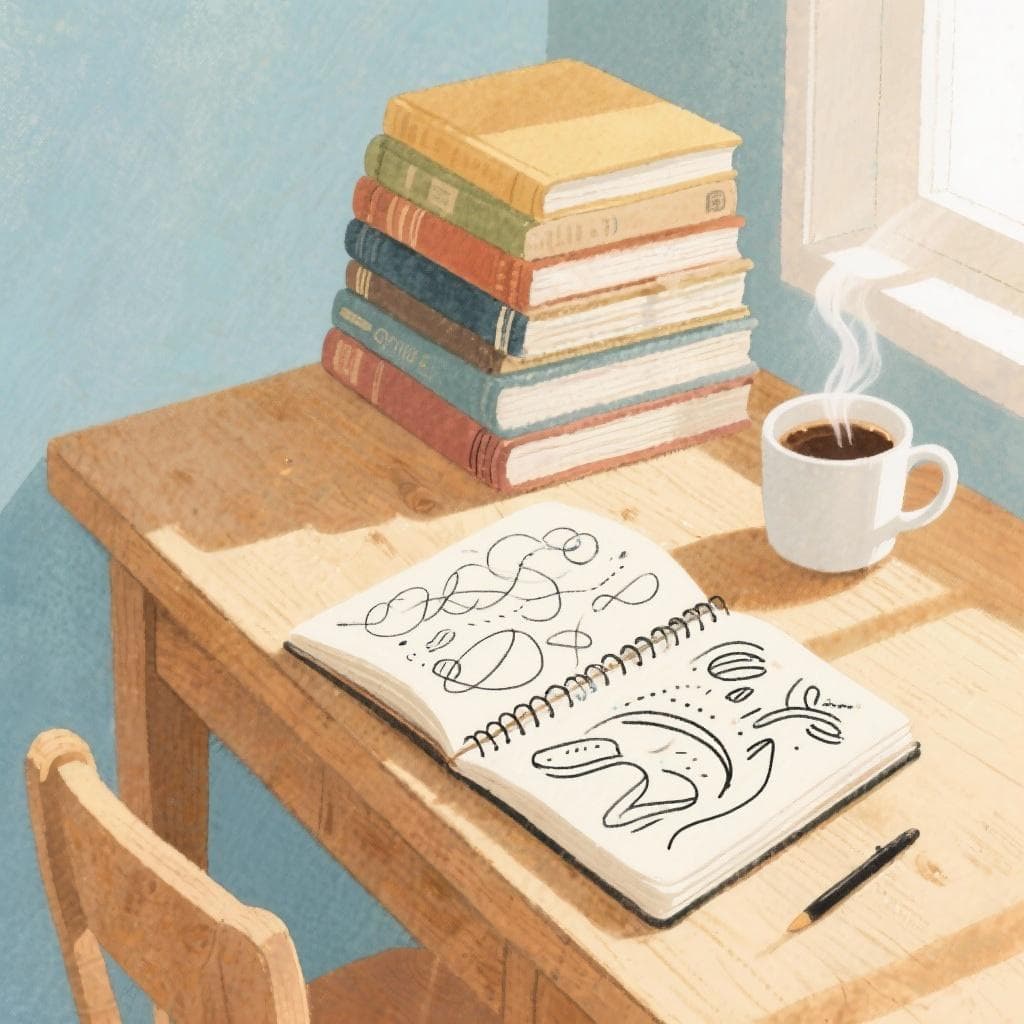 Cozy Spanish study scene with a cup of coffee