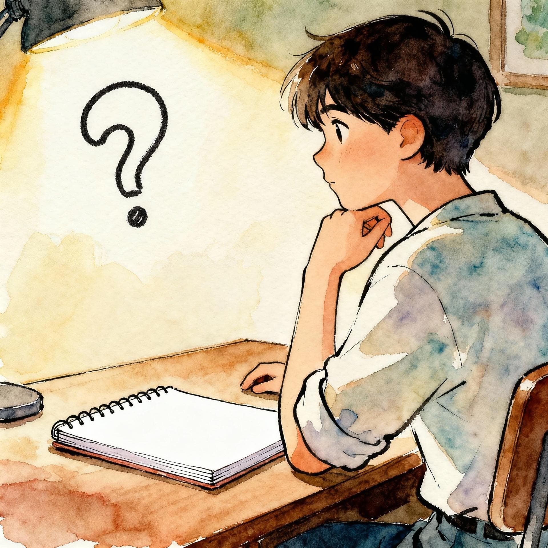 A student looking at a notebook with a pen, contemplating a decision